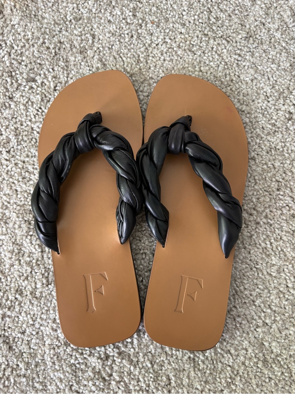 Flattered Braided Black Strap Tan Footbed Flip Flops
